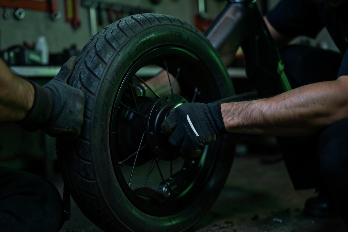 Technician replacing a tire on an electric scooter wheel