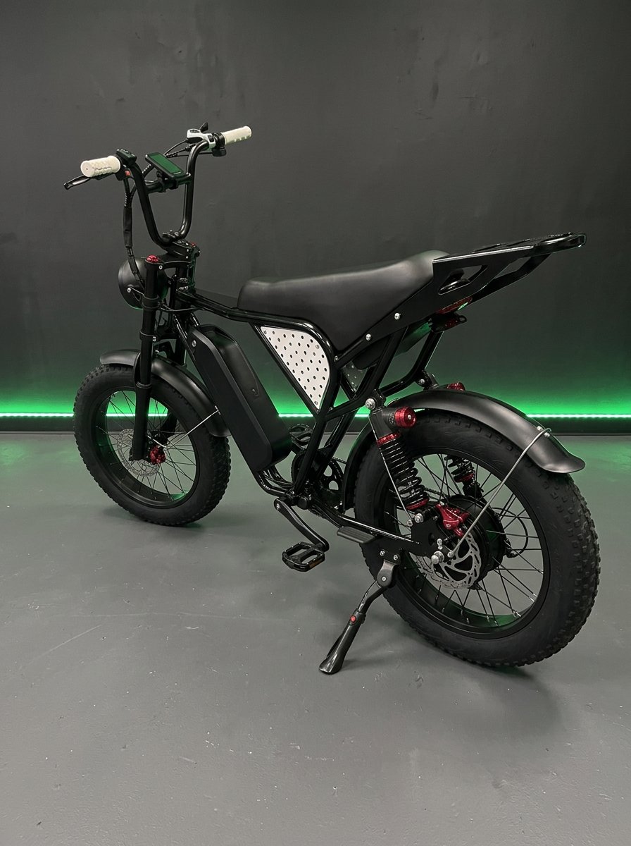V8 electric bike rear view with fat tires and dual suspension