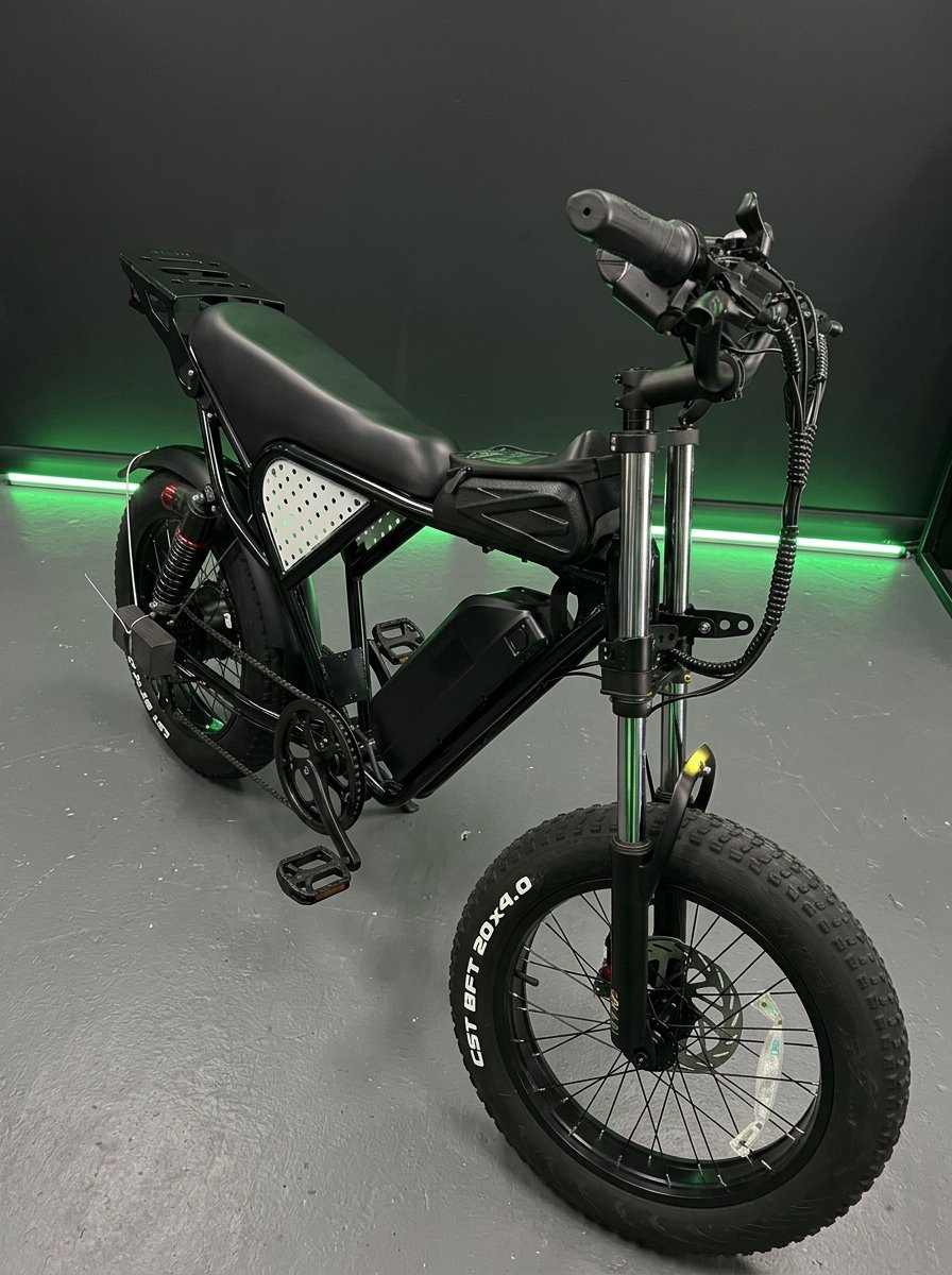 V8 electric bike front view with fat tires and dual suspension